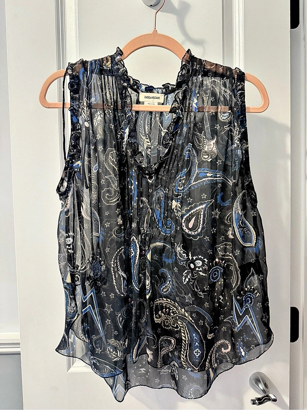 Zadig & Voltaire Paisley Print Sleeveless Blouse Paisley Blouse in Black & Blue
